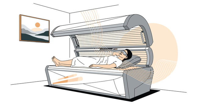 Young woman wearing protective goggles relaxing in a modern solarium tanning bed inside a bright room with a picture.