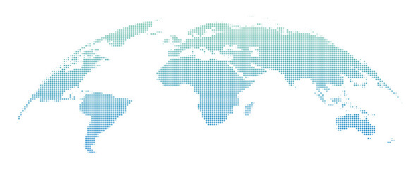 World map with blue and green gradient halftone dots. A global world map created from a blue and green gradient halftone dot pattern, forming a clean and modern geographic silhouette. © Tuba Reza