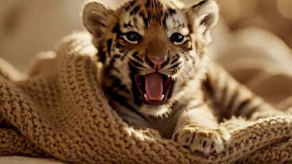 Adorable Tiger Cub Snuggled Comfortably in a Cozy Blanket.