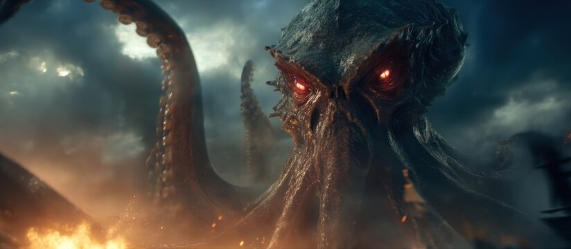 Giant Monster with Red Eyes Emerging from Smoke and Fire.