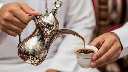 Man Pouring Coffee from Traditional Dallah.