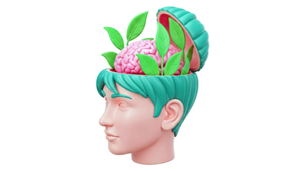 Stylized Head with Brain and Growing Plants