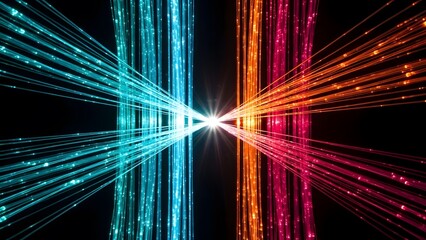 Vibrant  neon light effect radiant beams of blue red and orange colors emitting from a central point in a dark space