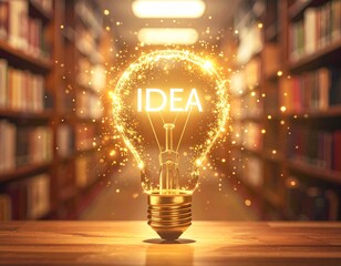 図書館の書架を背景に輝く「IDEA」の文字が入った電球と知識のひらめきを象徴する抽象背景