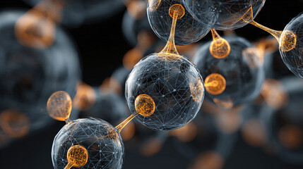 A detailed macro photograph of molecular structures, showcasing complex connections and intricate details. The molecules have a clear and precise look.
