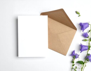 A flat lay showcases a blank white card, a brown envelope, and sprigs of bluebell flowers on a white surface