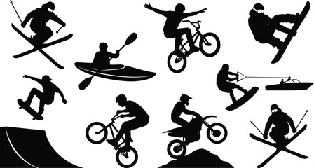 Obraz premium Extreme sports silhouette collection featuring skiing, BMX, skateboarding, kayaking, wakeboarding, motocross athletes performing dynamic action tricks isolated on white background