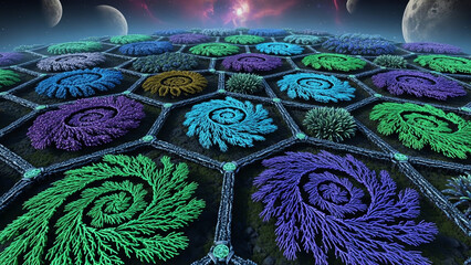 Abstract Circular Patterns Spread Across Hexagonal Grid