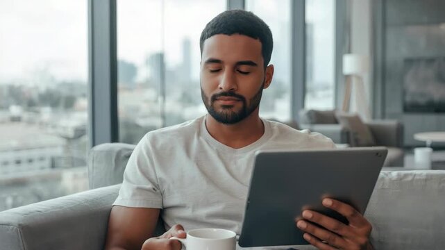 Young man reading tablet and holding coffee mug on sofa in modern apartment while drinking coffee