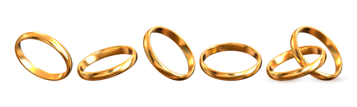 Set of shiny golden wedding rings isolated on white background. Classic elegant jewelry symbolizing love, marriage, romance, and lifelong commitment. Realistic 3D vector illustration.
