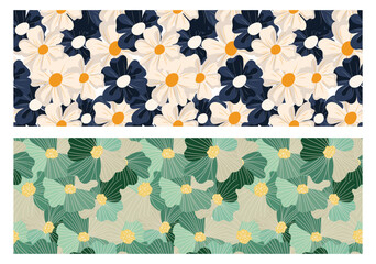 Modern daisy flower seamless pattern with navy blue and green background