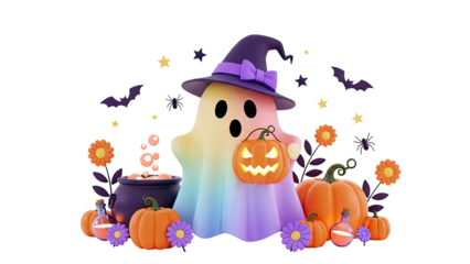 Whimsical Halloween Scene with Rainbow Ghost and Pumpkins