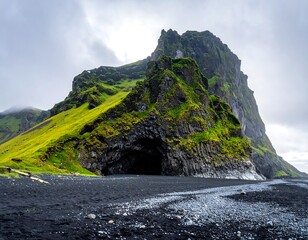 A dramatic landscape featuring a mountain covered in lush green moss, with a cave entrance carved into its side, against a moody, overcast sky