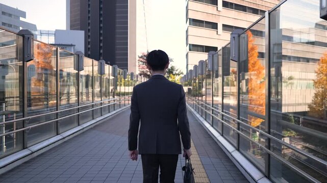 歩道を歩くビジネスマンの後ろ姿のフォローショット