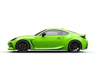 Vibrant Lime Green Sports Car Coupe Side Profile Studio Shot With Black Accents On White Background