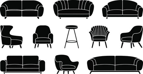 Collection of black silhouette icons representing various indoor furniture pieces including sofas, armchairs, and a bar stool for interior design concepts.