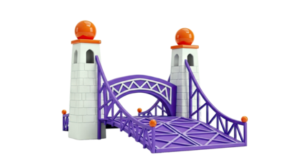 Whimsical Purple Bridge with White Towers and Orange Orbs