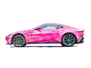 Vibrant Pink Sports Car Sleek Design on White Background Detailed Watercolor Illustration