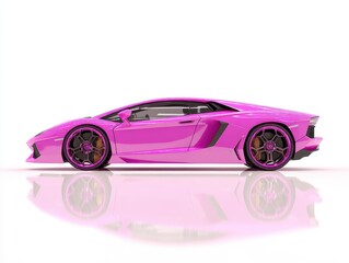Vibrant Pink Sports Car With Black Accents On White Background Studio Shot With Reflection