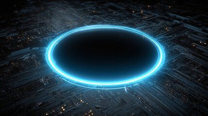 An abstract high-tech digital design features a glowing blue circular portal