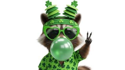 Raccoon with St. Patrick's Day Gear Blowing Bubble Gum