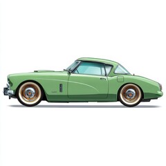 Vintage Green Coupe Automobile Parked On White Background With Chrome Accents And Detailed Rims
