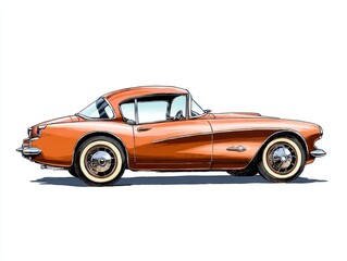 Vintage Orange Sports Coupe Automobile On White Background With Chrome Accents And Whitewall Tires