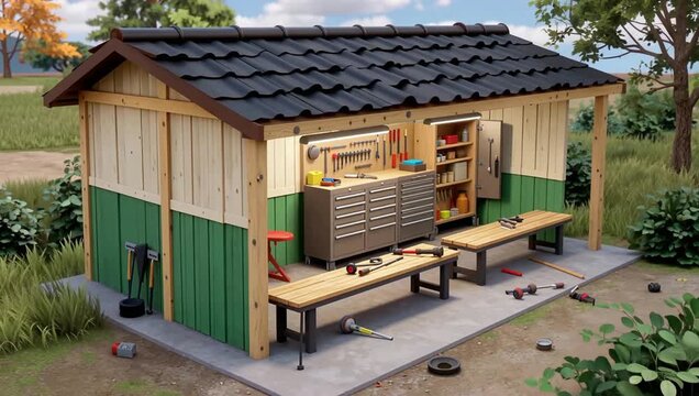 Cozy Outdoor Kitchen Shed With Barbecue Counter And Tables.