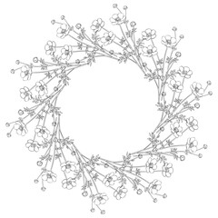 Hand Drawn Buttercup Floral Wreath. Botanical Line Art Frame