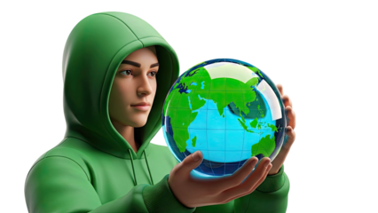 Person in green hoodie holding a glowing globe