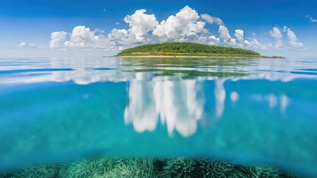 Tropical islander vegetation with coral reef, cloud reflection and turquoise water dramatic blue sky
