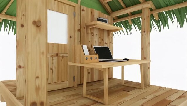 Outdoor Rustic Treehouse Desk Workspace With Laptop and Shelves.