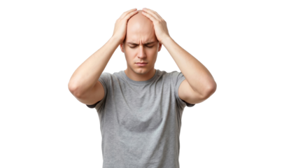 Stressed bald man suffering from a headache, holding his head in pain isolated on transparent background