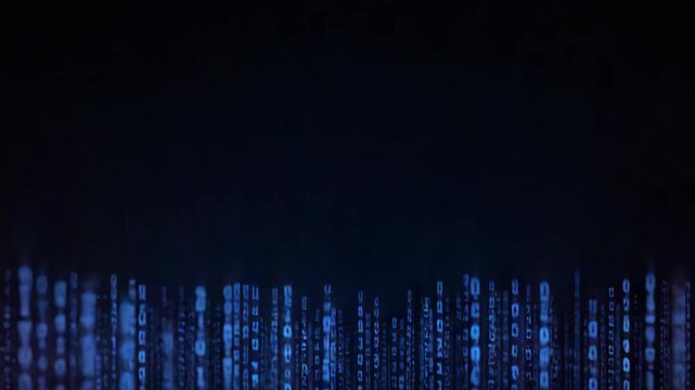 Blue digital binary code rain creating glowing matrix data stream in abstract digital flow
