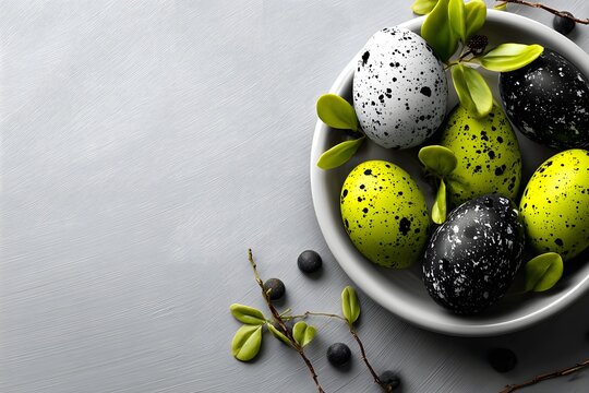 Minimalistisches Osterstillleben mit gesprenkelten Eiern und Zweigen
