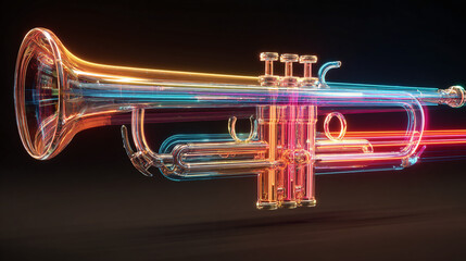 A visually stunning trumpet illuminated with vibrant colors against a dark background, showcasing its intricate details and artistic design