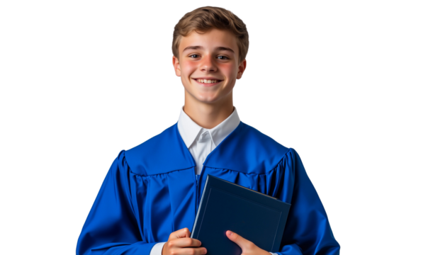 Smiling male college student with happy expression in a blue graduation gown holding a diploma folder, isolated on transparent background - Powered by Adobe