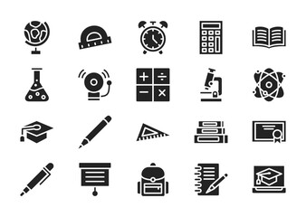 Education thin glyph icon set. Containing globe, arc ruller, clock, calculator, book, chemical