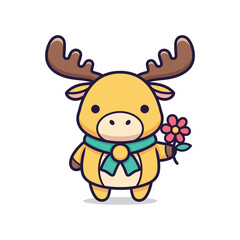 Obraz premium Adorable Cartoon Moose Holding Flower Vector Illustration