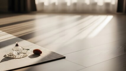 Crystal and stone on a yoga mat in a serene room with sunlight meditation zen calm