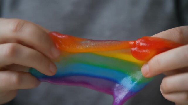 Stretching Rainbow Slime Toy Close-up Sensory Play