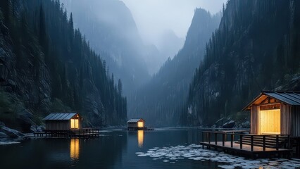 Misty mountain lake with illuminated wooden cabins nestled among dark evergreen forests at dusk, creating a serene and mysterious atmosphere.