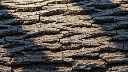 Detailed close-up of rough, textured tree bark with deep furrows and natural shadows highlighting its rugged surface.