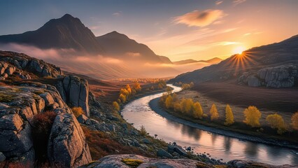 A breathtaking panoramic view of a winding river flowing through a majestic mountain valley at sunrise, with golden autumn trees and atmospheric mist.