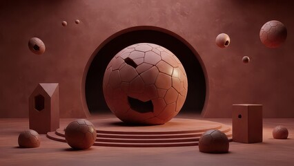 Abstract 3D render of a cracked terracotta sphere on a pedestal surrounded by floating orbs and geometric shapes.