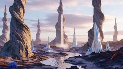 A breathtaking alien landscape featuring towering twisted spires, glowing waterfalls, and a winding river under a serene sky.