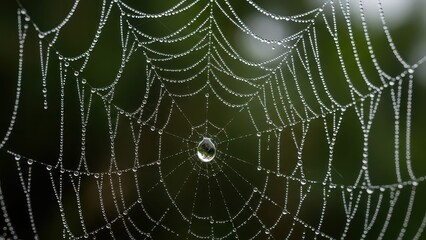 A close-up shot of a delicate spiderweb adorned with numerous sparkling dew drops, with a large water droplet suspended at its center, against a soft green background.