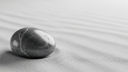A smooth, dark, polished stone resting on light, rippled sand in a minimalist, serene setting.
