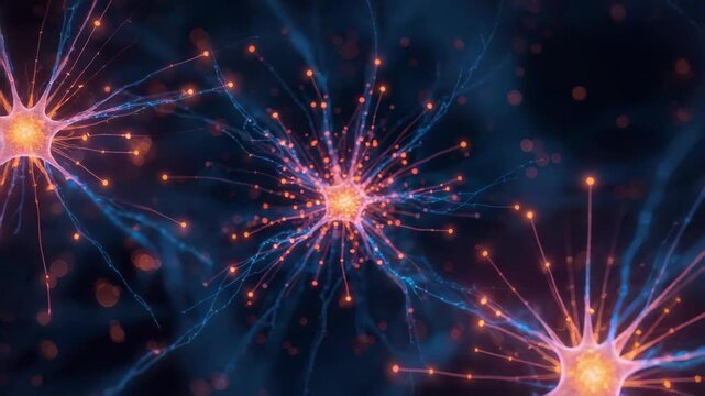 Glowing neuron nerve cell neural network synapse axon dendrite with electric blue and orange