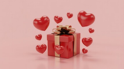 Romantic gift box surrounded by floating hearts